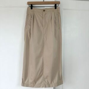 Vintage Liz Sport Khaki Cotton Twill Pleated Midi Skirt  Tan Women 8 Medium